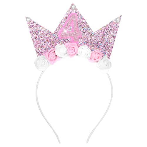 Yuanchu 4 Jahr Geburtstagskrone, Krone Geburtstag 4 Jahre Mädchen Happy Birthday Haarreif mit Glitzer Zahlen Prinzessin Geburtstag Krone Stirnband mit Rose Blumen Party Kopfschmuck für Baby Kinder (A) von Yuanchu