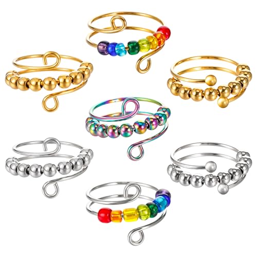 Yuanchu 7 Stück Verstellbare Anti Stress Ring,Effizient Linderung von Ängsten und Antistress Ringe Bunte Angst Daumen Ring Fidget Spinning mit Perlen Offene Spinner Damen für Mädchen Frauen von Yuanchu