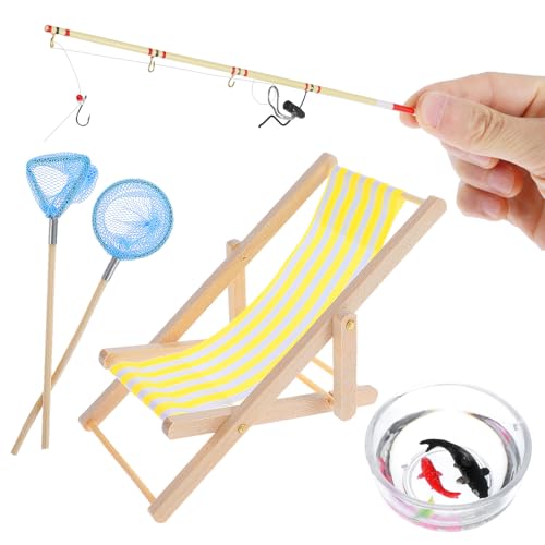 Yuanchu Miniatur Puppenhaus Deko, Mini Stranddekorationen 5 St 1:12 Fishing Dekoration Strand Möbel Modell Garten Zubehör DIY Zen Garten Party Favor Strandstuhl Puppenliegestuhl Angelrute Fischernetz von Yuanchu