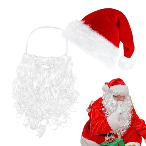 Yuemeuy Weihnachtsmann-Bart und -Mütze,Weihnachtsmann-Bart und -Mütze | Santa Cosplay Hut und Bart - Anzieh-Requisiten, Weihnachtsmütze, Weihnachtsmann, gefälschter Bart für Cosplay, Weihnachtsfeier, von Yuemeuy