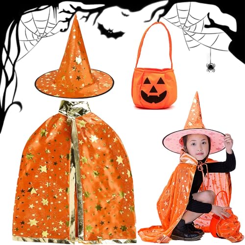 Halloween Umhang Kinder,Yueser Wizard Cape Witch Umhang Hexe Zauberer Umhang Zauberer Mantel Hexe Kostüm Hexenhut Kürbis Candy Bag Trick or Treat Tasche für Kinder Halloween Party Decor Cosplay Orange von Yueser