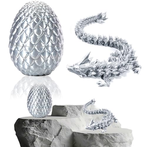 Yueser Drachenei, Silbrig 3D Gedrucktes Drachenei mit Drache Dragon Egg 3D Drachen Ei Drache Im Ei Dracheneier Drache mit Ei Drachen Figuren Beweglicher Drach Abnehmbare Eierschale Kristalldrachen von Yueser