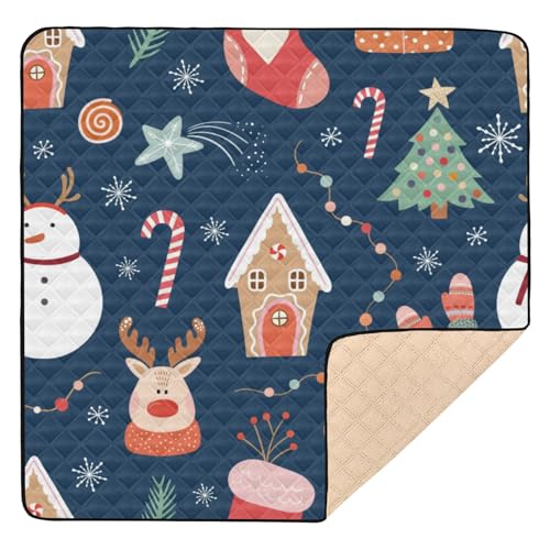 Baby-Spielmatte aus weichem Schaumstoff, 127 x 127 cm, für drinnen und draußen, Winter, trendiger Schneemann, Weihnachtsbaum-Elemente, blau, waschbar, Trittmatte für Baby, Kleinkind, Säugling von Yuiboo