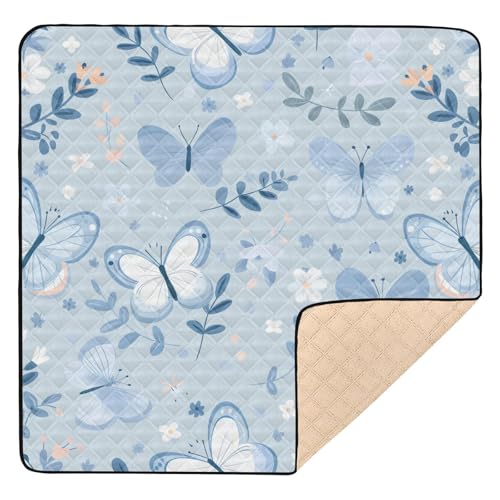 Große stabile Baby-Gymnastik- und Aktivitätsmatte, 127 x 127 cm, für drinnen und draußen, niedliche pastellblaue Schmetterlinge und Blumen, waschbar, Spielzimmer-Aktivitätsmatte für Babys, von Yuiboo