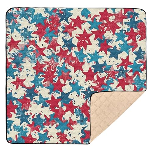 Große stabile Baby-Spielmatte, 127 x 127 cm, für drinnen und draußen, amerikanischer 4. Juli, rote blaue Sterne, Kritzeleien, ungiftig, für Babys, Kinder, Kleinkinder, Säuglinge von Yuiboo