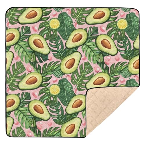 Große stilvolle Baby-Gymnastik- und Aktivitätsmatte, 127 x 127 cm, für drinnen und draußen, niedliche Avocados, grüne tropische Blätter, pfirsichfarben, waschbar, Bauch- und Krabbelmatte für Babys, von Yuiboo