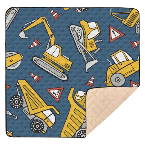 Weich gepolsterte Baby-Gymnastik- und Aktivitätsmatte, 127 x 127 cm, für drinnen und draußen, Griffe, LKW, Bulldozer, Gelb / Blau, 1-teilige Baby-Krabbelmatte für Babys, Säuglinge, Kleinkinder von Yuiboo