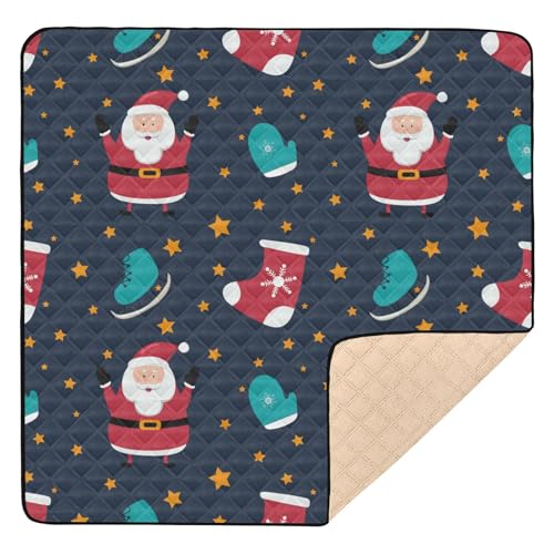 Weiche, dicke Baby-Gymnastik- und Aktivitätsmatte, 127 x 127 cm, für drinnen und draußen, Weihnachtsstrümpfe, Weihnachtsmann, Schlittschuhe, Sterne, Dunkelblau, bequeme Trittmatte für Babys, Kinder, von Yuiboo