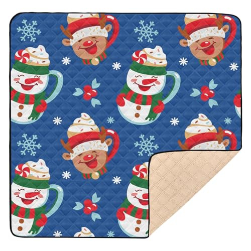 Yuiboo Baby-Spielmatte aus weichem Schaumstoff, 127 x 127 cm, für Boden, niedliche Weihnachtstassen, Schneemann und Hirsch, Schneeflocken, blau, 1 Stück, Baby-Krabbelmatte für Babys, Säuglinge, von Yuiboo