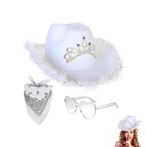 Yulokdwi Cowboy Hut Damen Rosa, Frauen Cowboyhut Set, Filz-Cowgirl-Hut Mit Feder-Bandana, Wester Style Pink Cowboy Hut, Partyzubehör-Set, Attraktiv Für Männer, Frauen, Männer, Mädchen, Jungen von Yulokdwi