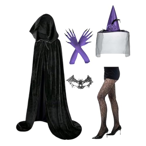 Yulokdwi Hexenkostüm Damen | Erwachsene Hexe Halloween Kostüm Set | Umhang Hut Handschuhe Spitzenmaske Socken für Gothic Hochzeitsfest Yulokdwi Hexenkostüm Damen | Erwachsene Hexe Halloween Kostüm Set | Umhang Hut Handschuhe Spitzenmaske Socken für Gothic Hochzeitsfest von Yulokdwi