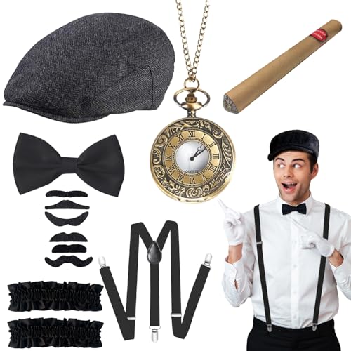 YumSur 20er Jahre Herren Accessoires, Karneval Kostüme Herren, 1920er Herren Accessoires Gatsby mit Taschenuhr Gefälschter Schnurbart Hut Fliege Krawatte für Fasching Halloween Party Cosplay von YumSur