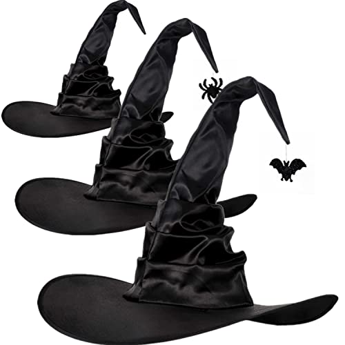 YumSur 3 stücke Halloween Hexen Hut Hexenhut mit Spinne,Schwarz Spinnenhut Großer Fledermaus-Zaubererhut Halloween Mottoparty Kostüm Zubehör,Halloweenhut Spitzhut Karnevalshut von YumSur