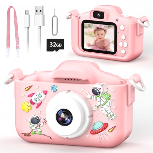 YunLone Kinderkamera 12MP Astronauten Selfie Digital Kamera Kinder 1080P Kamera mit 2” IPS, 32G Karte, 8X Zoom, Kinder Fotokamera Spielzeug Geschenk für Jungen Mädchen 3 4 5 6 7 8 9 10 Jahren – Rosa von YunLone