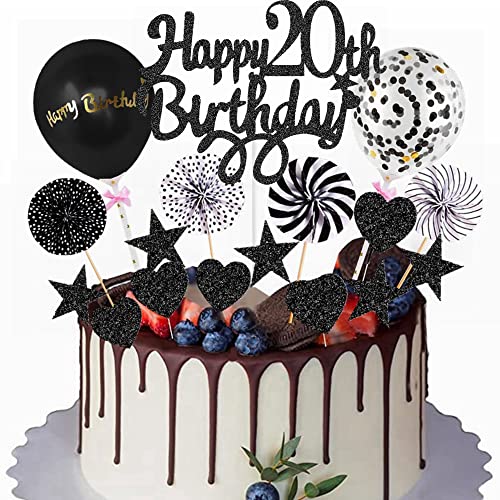 Yunchu Online Happy 20th Birthday Tortendeko Schwarz Tortendeko 20 Geburtstag Deko Kuchen Topper 20 jahre Junge Mädchen Kuchendeko 20. Geburtstag Schwarz Tortendeko für 20. Geburtstag Cupcake Toppers von Yunchu Online