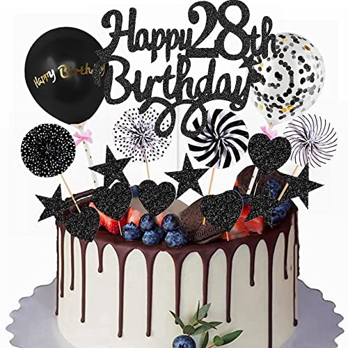 Yunchu Online Happy 28th Birthday Tortendeko Schwarz Tortendeko 28 Geburtstag Deko Kuchen Topper 28 jahre Mann Frau Kuchendeko 28. Geburtstag Schwarz Tortendeko für 28. Geburtstag Cupcake Toppers von Yunchu Online