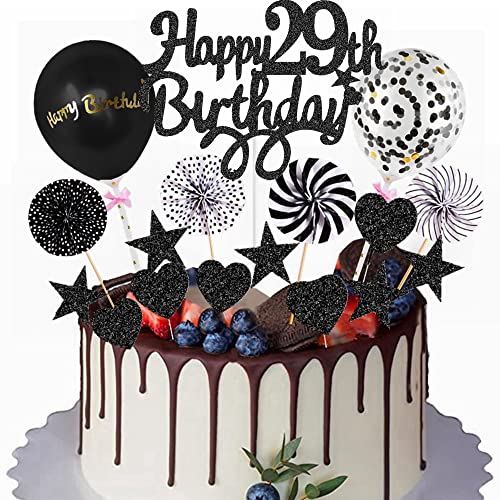 Yunchu Online Happy 29th Birthday Tortendeko Schwarz Tortendeko 29 Geburtstag Deko Kuchen Topper 29 jahre Mann Frau Kuchendeko 29. Geburtstag Schwarz Tortendeko für 29. Geburtstag Cupcake Toppers von Yunchu Online