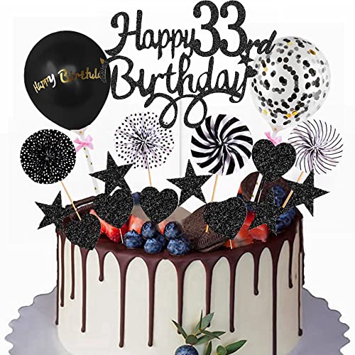 Yunchu Online Happy 33th Birthday Tortendeko Schwarz Tortendeko 33 Geburtstag Deko Kuchen Topper 33 jahre Mann Frau Kuchendeko 33. Geburtstag Schwarz Tortendeko für 33. Geburtstag Cupcake Toppers von Yunchu Online