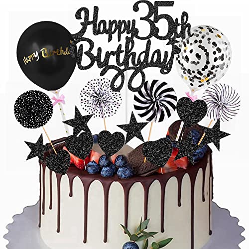 Yunchu Online Happy 35th Birthday Tortendeko Schwarz Tortendeko 35 Geburtstag Deko Kuchen Topper 35 jahre Mann Frau Kuchendeko 35. Geburtstag Schwarz Tortendeko für 35. Geburtstag Cupcake Toppers von Yunchu Online