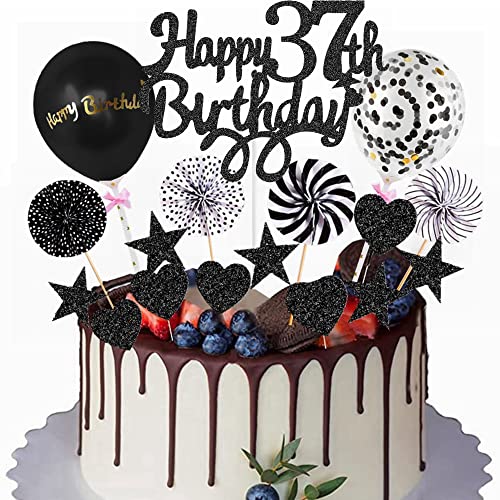 Yunchu Online Happy 37th Birthday Tortendeko Schwarz Tortendeko 37 Geburtstag Deko Kuchen Topper 37 jahre Mann Frau Kuchendeko 37. Geburtstag Schwarz Tortendeko für 37. Geburtstag Cupcake Toppers von Yunchu Online