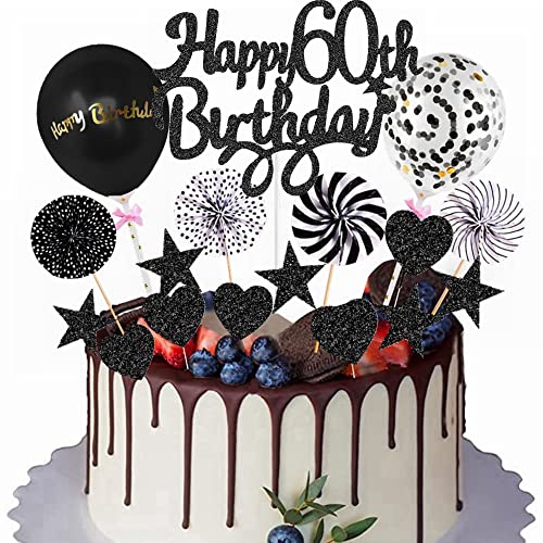 Yunchu Online Happy 60th Birthday Tortendeko Schwarz Tortendeko 60 Geburtstag Deko Kuchen Topper 60 jahre Mann Frau Kuchendeko 60. Geburtstag Schwarz Tortendeko für 60. Geburtstag Cupcake Toppers von Yunchu Online