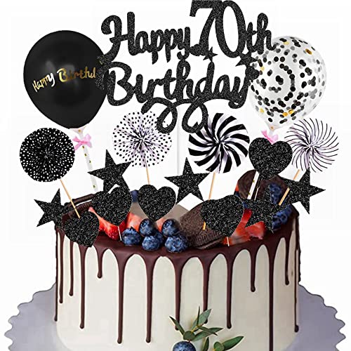 Yunchu Online Happy 70th Birthday Tortendeko Schwarz Tortendeko 70 Geburtstag Deko Kuchen Topper 70 jahre Mann Frau Kuchendeko 70. Geburtstag Schwarz Tortendeko für 70. Geburtstag Cupcake Toppers von Yunchu Online