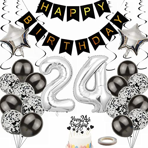 Yunchu Online Luftballon 24. Geburtstag Dekoration 24 Jahr Männer Frauen Black and Silber Party Deko 24. Geburtstag Männer Party Deko 24 Geburtstag Männer Deko Geschenk 24 jahre Geburtstag deko Ballon von Yunchu Online