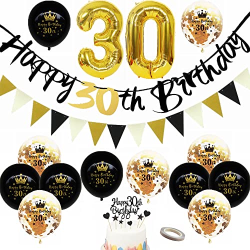 Yunchu Online Luftballon 30. Geburtstag Dekoration Männer Frau Schwarz Gold Party Deko Tortendeko Geburtstag Banner Wimpelkette 30 Geburtstag Männer Deko Geschenk 30 jahre Geburtstag Deko Ballon von Yunchu Online