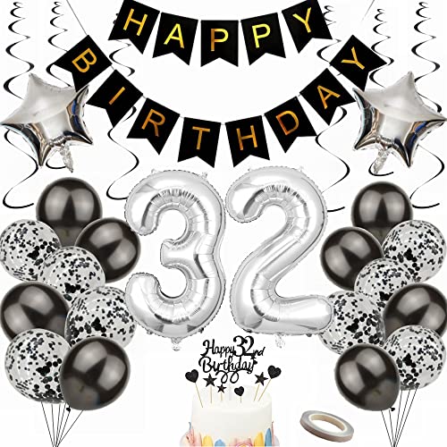 Yunchu Online Luftballon 32. Geburtstag Dekoration 32 Jahr Männer Frauen Black and Silber Party Deko 32. Geburtstag Männer Party Deko 32 Geburtstag Männer Deko Geschenk 32 jahre Geburtstag deko Ballon von Yunchu Online