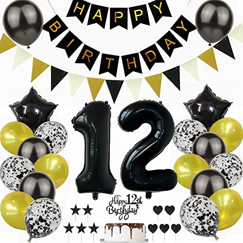 Yunchu Online Schwarz Gold 12. Geburtstag Dekoration Mann Frau 12. Geburtstag Schwarz Gold Party Deko Schwarz Tortendeko Geburtstag 12 Geburtstag Deko Geschenk 12 Geburtstag Deko Ballon von Yunchu Online