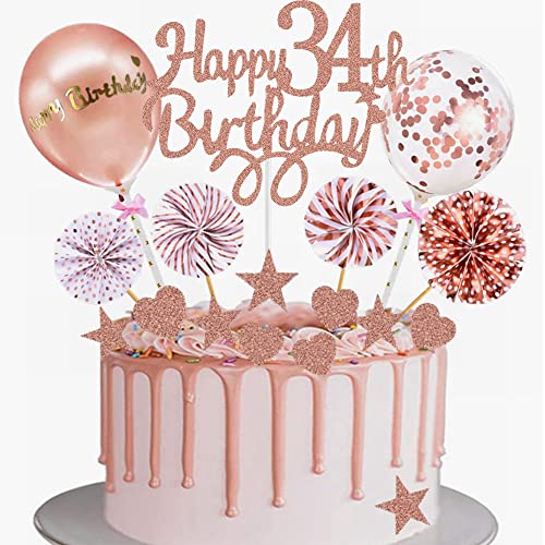 Yunchu Online Tortendeko 34. Geburtstag Frau Happy 34th Birthday Cake Topper Roségold Kuchen Topper 34 jahre Frau Kuchendeko 34. Geburtstag Tortendeko für 34. Geburtstag Cupcake Toppers von Yunchu Online