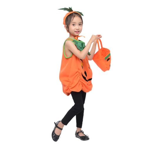 Yunnaty Fancy Dress Halloween Kostüm für Mädchen, Kürbis Kostüm Kinder Kleidung Set mit Stirnband Kürbis Tasche 130cm Einfach zu Verwenden von Yunnaty