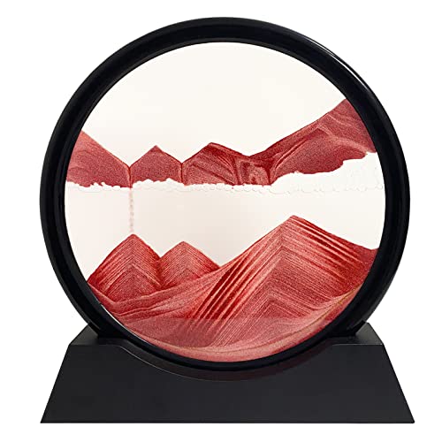 Yuomiker Dynamisch 3D Sandbilder zum Drehen, Fließende Sandmalerei runder Glas Rahmen, Bewegtes Sandbild Natürliche Landschaft, Entspannende Dekoration für Büro Heim Desktop-Kunst (Rot, 12") von Yuomiker