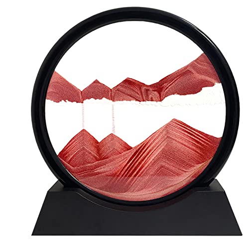 Dynamisch 3D Sandbilder zum Drehen, Fließende Sandmalerei runder Glas Rahmen, Bewegtes Sandbild Natürliche Landschaft, Entspannende Dekoration für Büro Heim Desktop-Kunst (Rot, 7") von Yuomiker