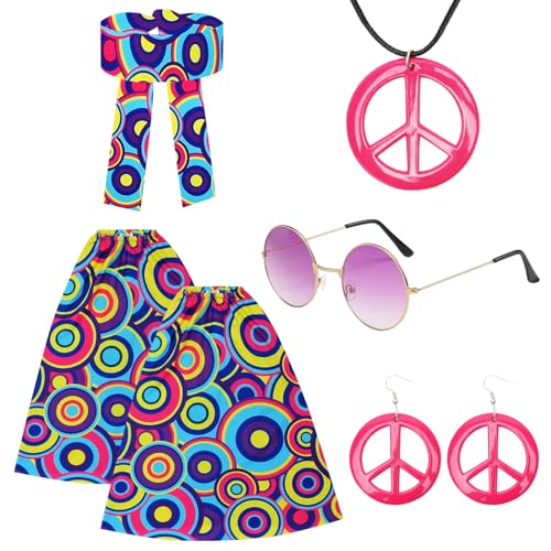 Yuragim 7Pcs Hippie Kostüm Damen Set 70er Jahre Hippie Accessoires Retro Brille Bunt Stirnband Beinstulpen Frieden Zeichen Halskette Friedensohrring Frauen hippie Kostüm Zubehör für Fasching Karneval von Yuragim