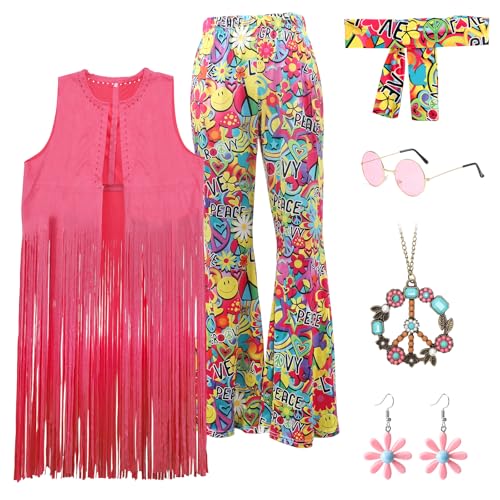 Yuragim 60er 70er Jahre Hippie Kostüm Damen Set, 6 Stück Faschingskostüm Damen Hippie 60s 70s Kleidung Damen Disco Outfits mit Fransenweste Schlaghose Hippie Accessoires für Karneval Party Frauen, XXL von Yuragim