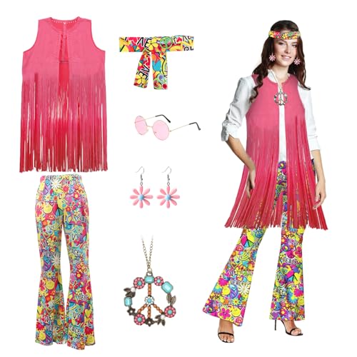 Yuragim 60er 70er Jahre Hippie Kostüm Damen Set, 6 Stück Faschingskostüm Damen Hippie 60s 70s Kleidung Damen Disco Outfits mit Fransenweste Schlaghose Hippie Accessoires für Karneval Party Frauen, XXL von Yuragim