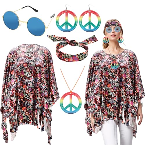 Yuragim 60er 70er Jahre Kostüm Damen, 5 Stück Hippie Kostüm Set inklusive Brille,Umhang,Turban,Halskette, Ohrringe, Hippie Kleid Kostüm für Damen, Hippie Damen Kleid Set für Karneval Cosplay Party von Yuragim