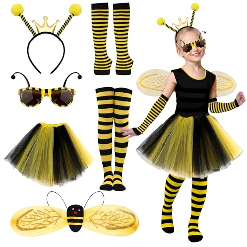 Yuragim Bienenkostüm Kinder Mädchen 92-140, 6 stück Bienen Kostüm Set mit Biene Haarreif Flügel Tüllrock Overknee Strümpfe Handschuhe Brille Karneval Cosplay Biene Verkleidung Zubehör für Kleinkinder von Yuragim