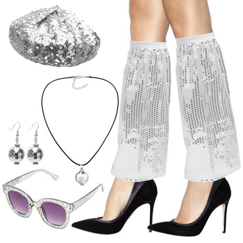 Yuragim Disco Accessoires 70er Jahre Kostüm Zubehör Set Glitzer Disco Hut Pailletten Stulpen Disco Sonnenbrille Discokugel Ohrringe Halskette 70er 80er Jahre Outfit Damen für Fasching Karneval, Silber von Yuragim