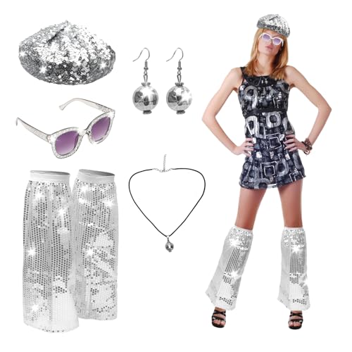 Yuragim 70er Jahre Disco Zubehör, Disco Accessoires Kostüm Glitzer Accessoire Damen mit Glitzer Baskenmütze Pailletten Stulpen Disco Brille 70er 80er Jahre Outfit Damen für Fasching Karneval Silvester von Yuragim