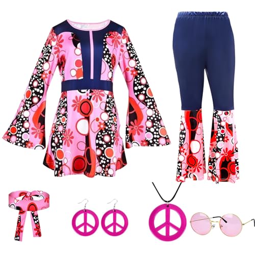 Yuragim Damen Hippie Kostüm Set, 70er Jahre Mode mit Schlaghose & Accessoires für Karneval & Faschingsparty von Yuragim