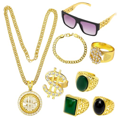 Yuragim 8 pcs Zuhälter Kostüm Goldkette Fasching, 70er 80er 90er Jahre Outfit Herren Hip Hop Rapper Kostüm mit Goldkette Dollar Ring Gold Armband Disco Brille für Cosplay Karneval Silvester Mottoparty von Yuragim