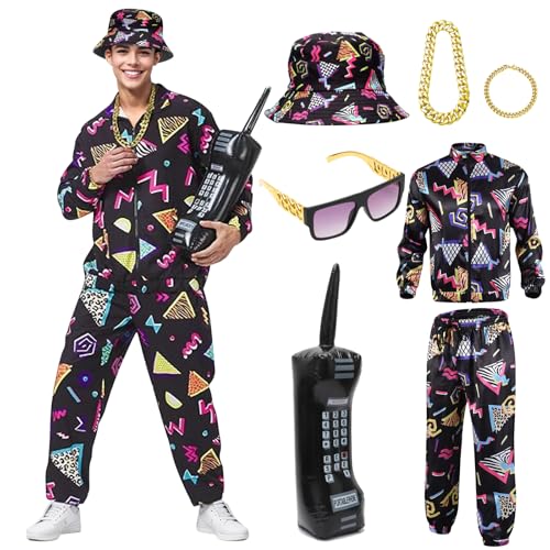 Yuragim 80er 90er Jahre Outfit Herren Damen, Kostüm Trainingsanzug 80s 90s Retro Anzug Kostüm Bad Taste Outfit mit Jacke Hose Halsketten Brille Disco Party Accessoires für Faschingskostüm Karneval(XL) von Yuragim