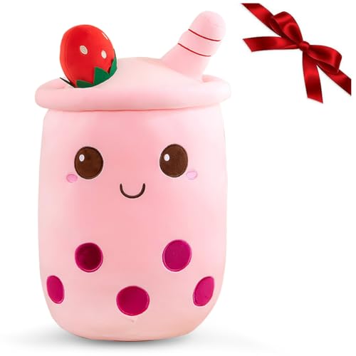 Yuragim Bubble Tea Kuscheltier, 25 cm Kawaii Bubble Tea Plüschtier Boba Kuscheltier Plüschpuppen Weiche Kuscheltier Milchtee Softpuppe Teetasse Süße Kissen Plüsch Geburtstagsgeschenk (Rosa-Erdbeere) von Yuragim