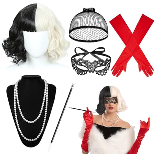 Yuragim Cruella Kostüm Damen, Karneval Kostüm Damen, 6 Stück Kurze Schwarze und Weiße Perücke mit Handschuhe,Halskette, Spitze Maske,Stange,70er Jahre Accessoire für Karneval Cosplay Fasching Dress von Yuragim