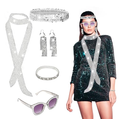 Yuragim Disco Accessoires 70er Jahre Kostüm Glitzer Outfit Damen, Glitzer Accessoires Damen mit Pailletten Stulpen Disco Brille Schal Discokugel Ohrringe 70er 80er Jahre Outfit für Fasching Karneval von Yuragim