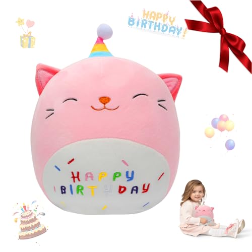 Yuragim Happy Birthday Plüschtier, Geburtstagsgeschenk für Mädchen Rosa Geburtstag Kuscheltier Süßes Geburtstag Squishy Plüschtier Katze Cartoon Plüschkissen Weihnachten Geburtstag Geschenk für Kinder von Yuragim