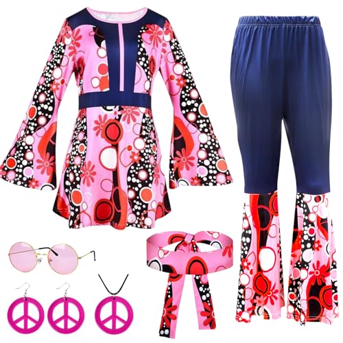 Yuragim Hippie Kostüm Damen Set, 5 Stück 60er 70er Jahre Hippie Kleidung Damen,Faschingskostüme Hippie Mottoparty Kostüm Disco Outfits mit Kleidung Schlaghose Hippie Accessoires für Karneval Party,XXL von Yuragim