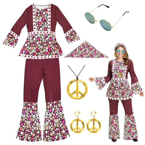 Hippie Kostüm Damen Set 60er 70er Jahre Outfit Damen Disco 70er Jahre Bekleidung Damen Hippie Accessoires 70er Mode Damen Hippie Kleidung Damen Flower Power Kostüm Karneval Hippie Hose Faschingskostüm von Yuragim